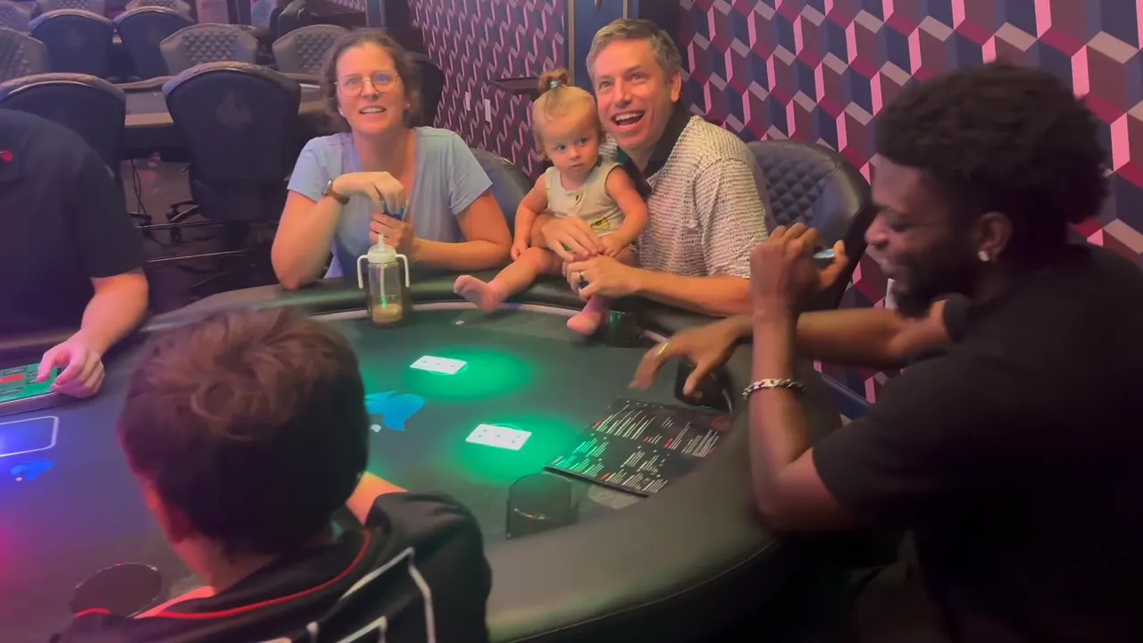 A family playing social card games around a Showdown Social table